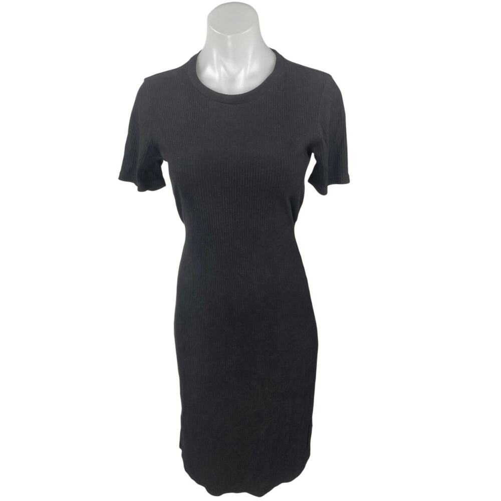 MP|C Black Short Sleeve Ribbed Knit Crew Neck Tie Back Midi Sheath Dress Size S